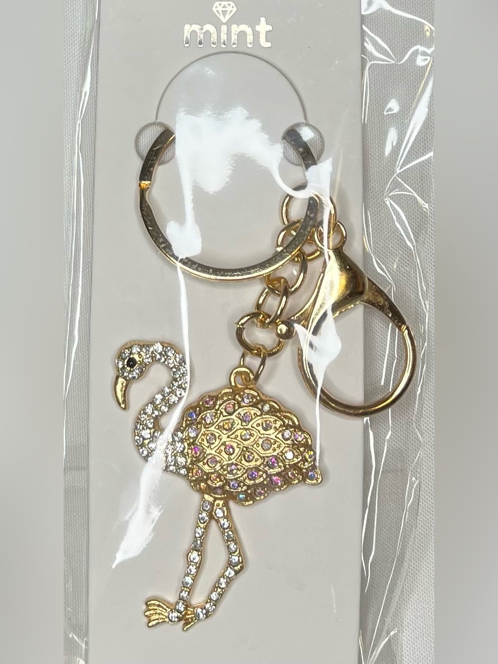 Gold Flamingo Keychain Bag Charm with Crystal Accents